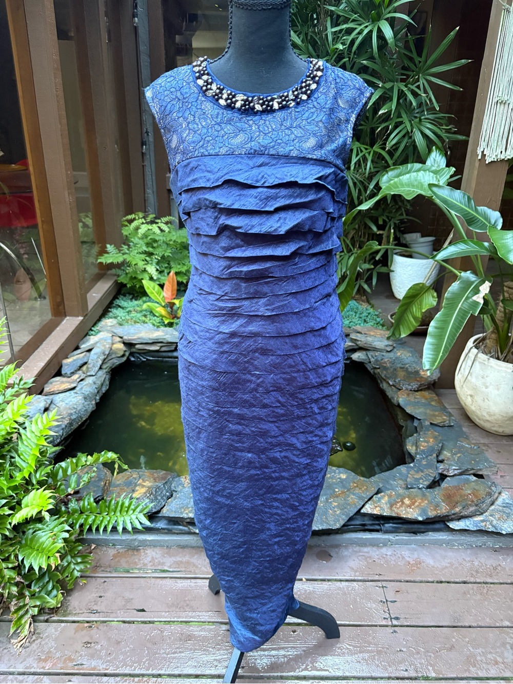 London Times Navy Beaded Neck Midi Dress